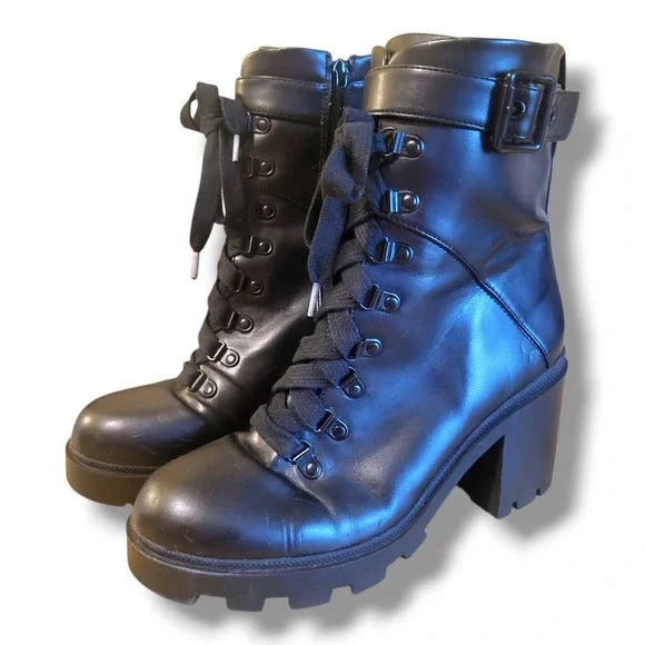 Mix No.6 Boots Valera Lace Up Combat Block Heels Black Faux Leather Women's 8M - Picture 1 of 16